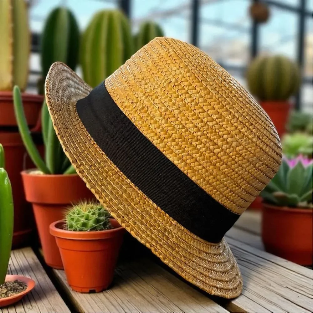 H&M Women’s Straw Hat Beige Black Band Flat Bow 2